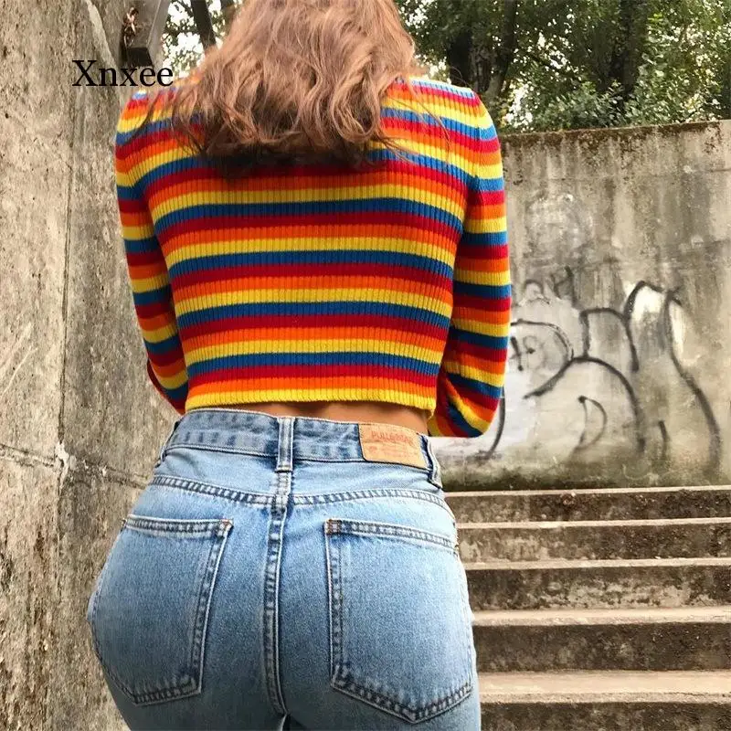 Fashion Rainbow Stripe Longsleeve Knitting Top Women\'s Spring Sweater Female Sweater Ladies High Collar Short Corp Tops Shirts