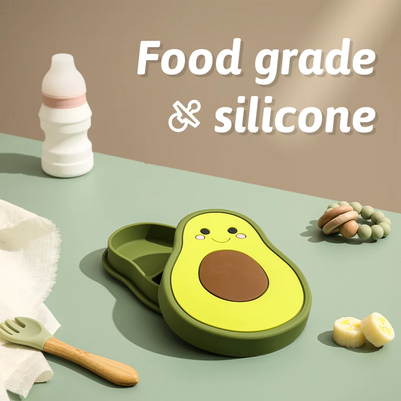 Bite Bite Baby Feeding Palte Food Grade Silicone Avocado Double Combo Baby Dinner Plate Children Non-slip Kitchen Supplies