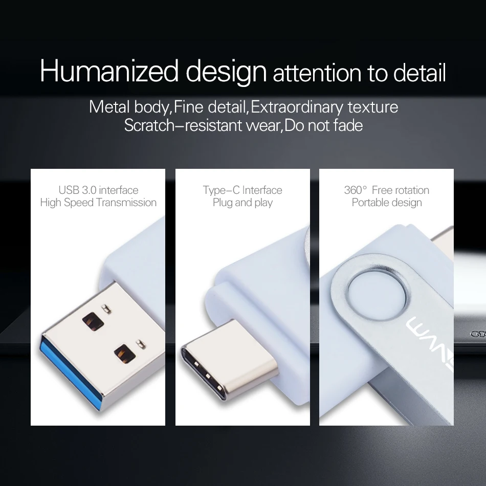 Wansenda 128GB USB 3.0ชนิด C แฟลชไดร์ฟหมุนได้512GB 256GB 64GB 32GB ความเร็วสูง2 in 1 thumbdrive หน่วยความจำ