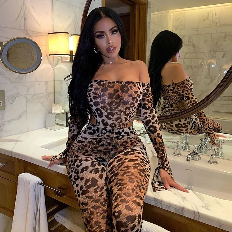 Sexy Matching Set Women Summer Clubwear Leopard Print Off Shoulder Long Sleeve Bodysuits Leggings Stretchy 2 Piece Outfits F0107