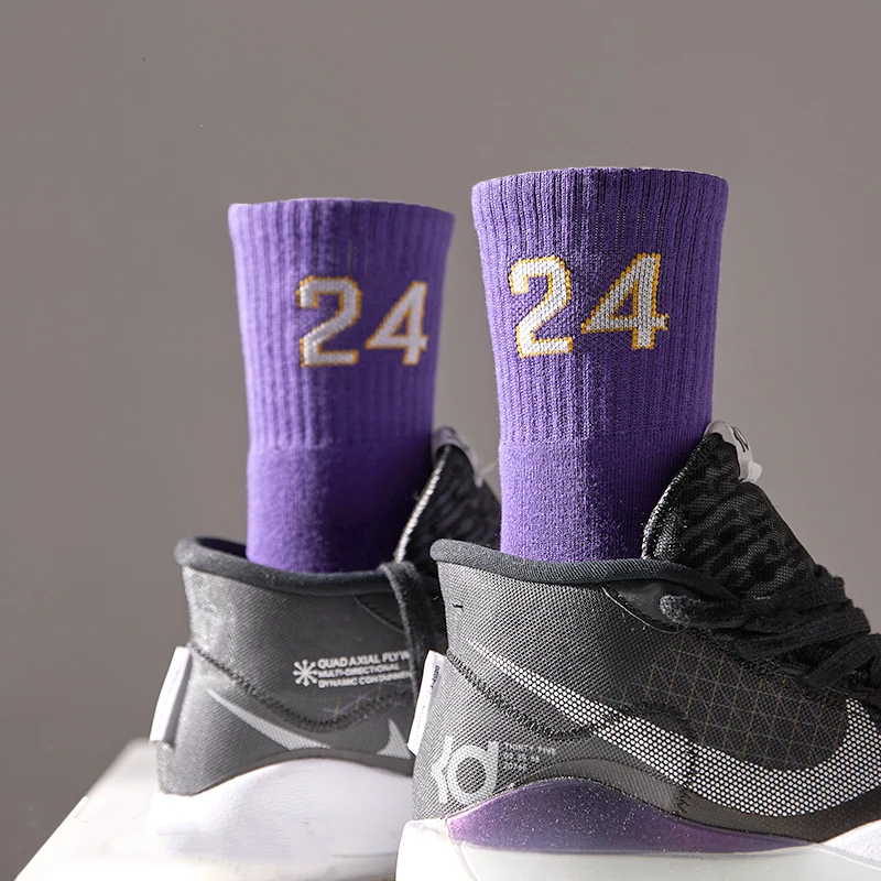 24 No24 LA KB Basketball Player Ball Thick Sport Crew Towel Socks Digital Number Los Angeles Team Twenty Four Purple Yellow Gold