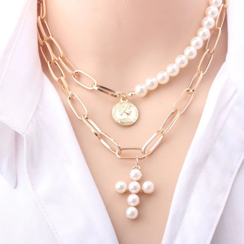 Multi-layers Necklaces for Women Personality Hollow Geometric Pendantes Necklaces Gold Color Cross Necklaces Punk Collar