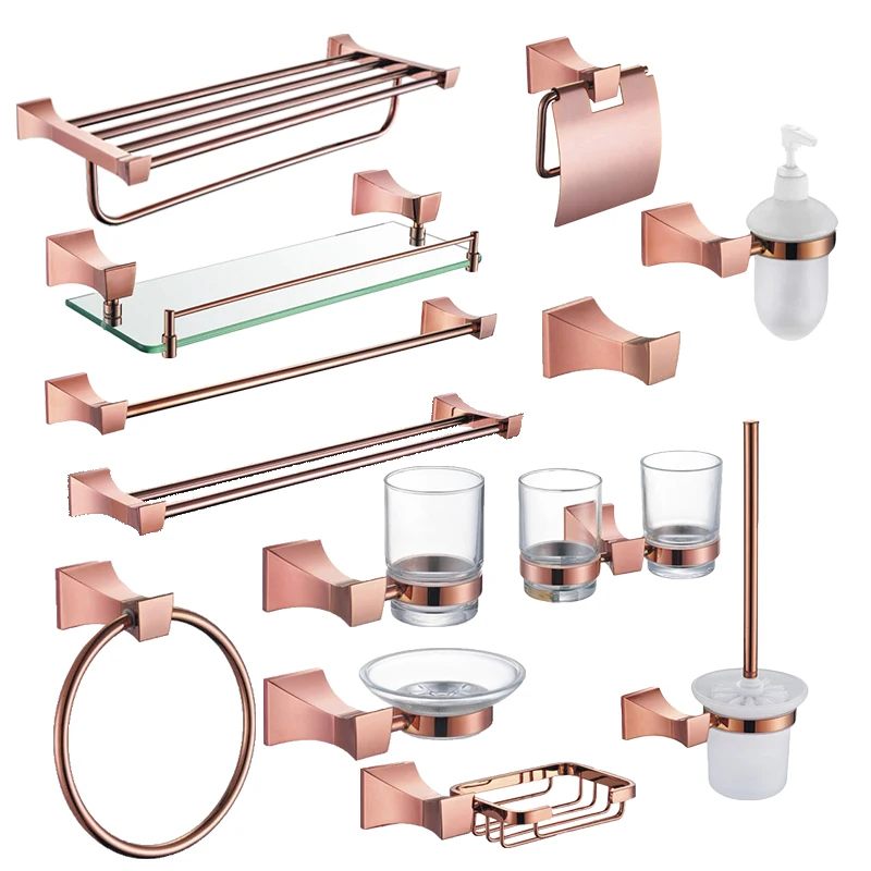 

Square Paper Holder Robe Hook Towel Bar Ring Glass Rack Soap Holder Toilet Brush Holder Tumbler Rose Gold Bathroom Accessories