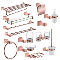 Square Paper Holder Robe Hook Towel Bar Ring Glass Rack Soap Holder Toilet Brush Holder Tumbler Rose Gold Bathroom Accessories
