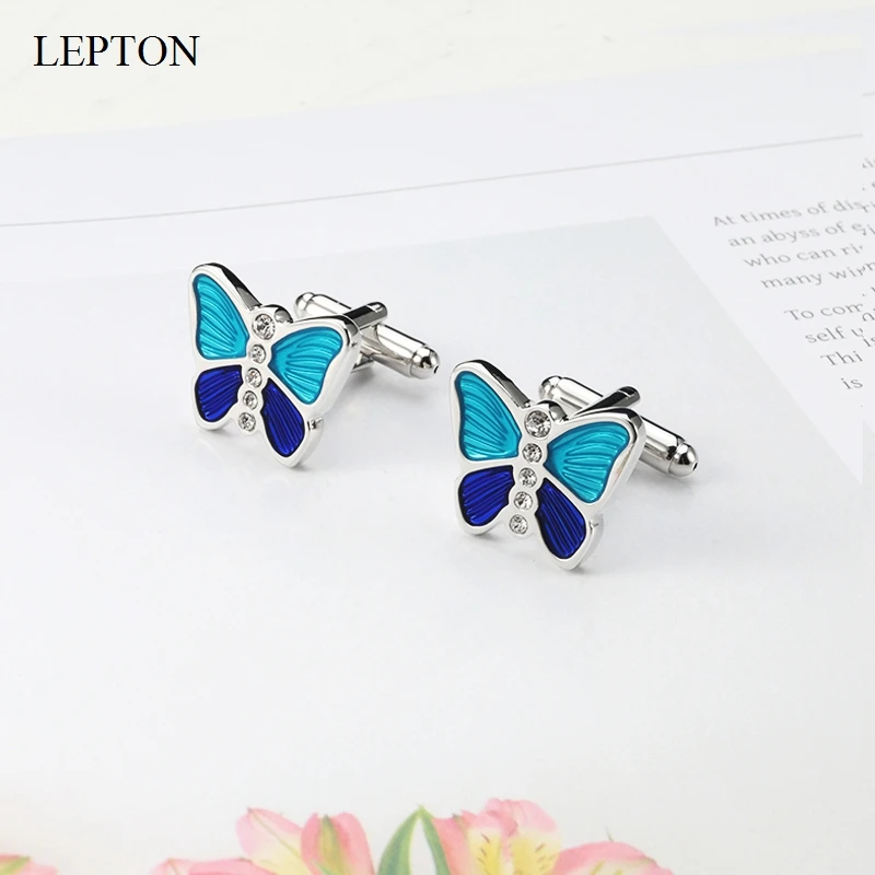 

Lepton 2026 Blue Butterfly Crystal Cufflinks for Men High-Quality Wedding Grooming Accessory Free Shipping Shirt Cuffs