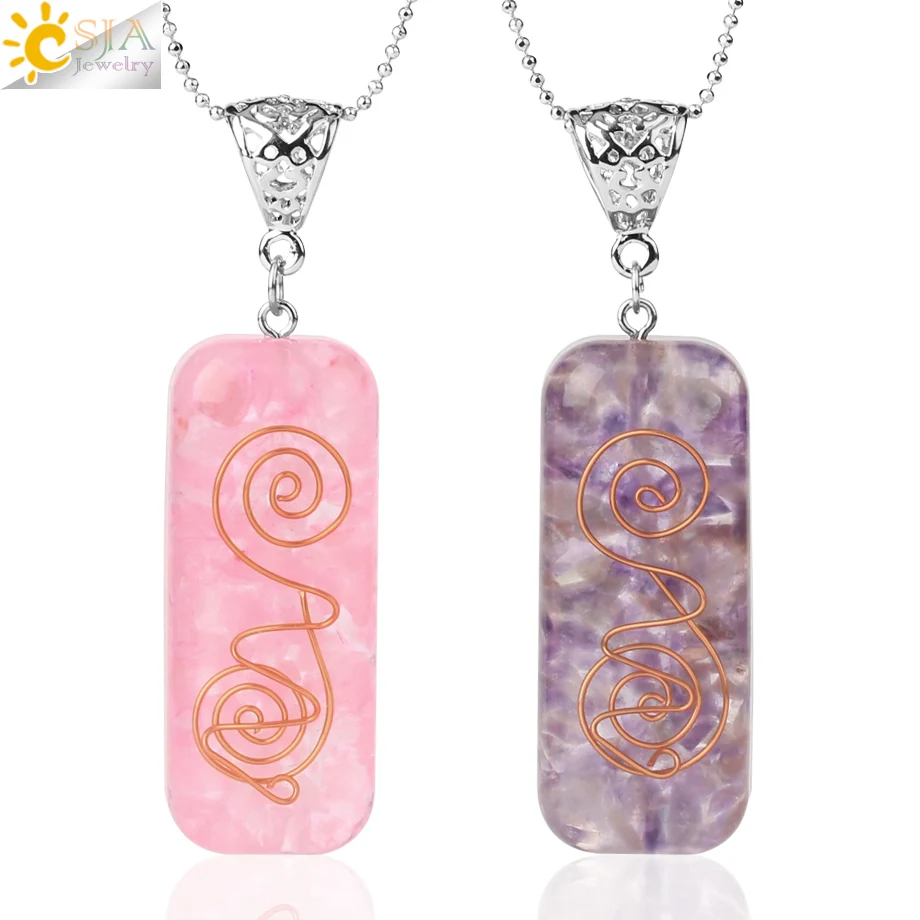 CSJA 7 Chakra Natural Chip Stone Pendant Rectangle Resin Spiral Copper Wire Orgonite Energy Pendants Necklaces Yoga Jewelry G602