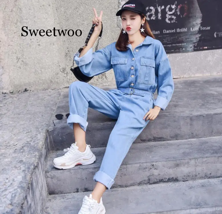 Fashion Streetwear Gaya Denim Overall Wanita 2020 Musim Gugur Panjang Lengan Bodysuit Pinggang Tinggi Bodycon Baju Monyet Lebar Kaki Jumpsuit