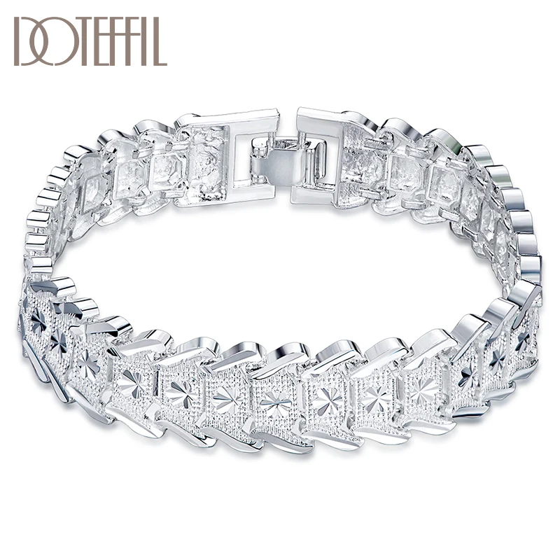 DOTEFFIL 925 Sterling Silver Wide Wristband Bracelet For Women Man Wedding Engagement Party Fashion Jewelry