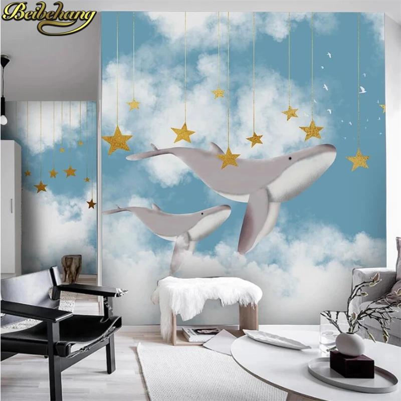 

beibehang Custom Nordic sky blank cloud whale star wallpaper for bedroom walls murals for children's room background wall paper