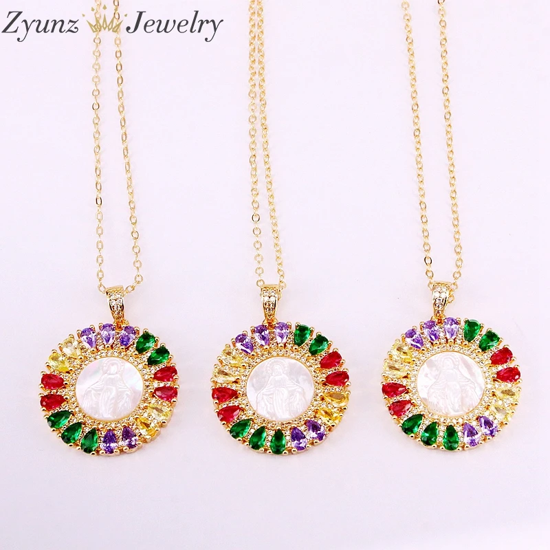 6PCS, Gold Filled Colorful Zirconia Fashion CZ Micro Pave Mother Of Pearl Shell Jesus/ Mary of Virgin Pendant Necklace