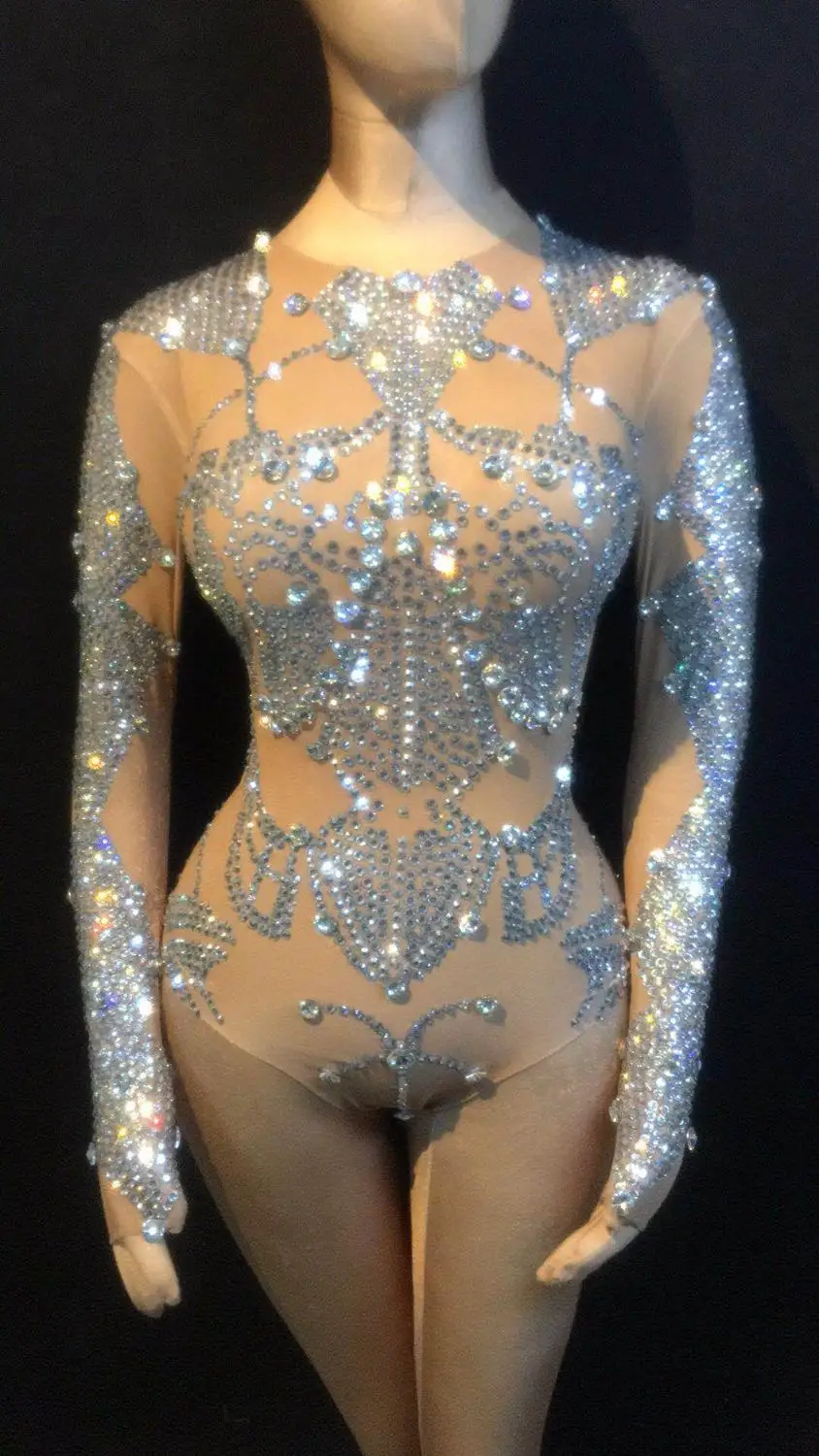 Sparkly nude bodysuit party girl Full diamond jumpsuit dj female singer gogo costume