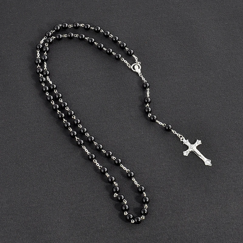 New Fashion Handmade Round Glass Bead Catholic Rosary Quality Bead Cross Necklace Beads Cross Religious Pendants Necklace