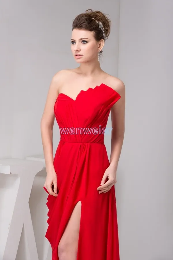 free shipping 2016 arrival hot sale fashion design pleat open leg real custom size/color long red chiffon sexy bridesmaid dress