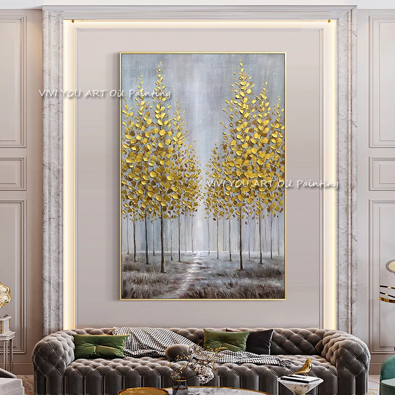 Handmade Gold Tree Oil Painting on Canvas Large Palette Paintings Posters For Living Room Modern Abstract Wall Art Decoration