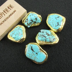 APDGG Wholesale 5 PCS Blue Turquoise Freeform Nugget Beads Metal Bezel Connector for Making Jewelry DIY