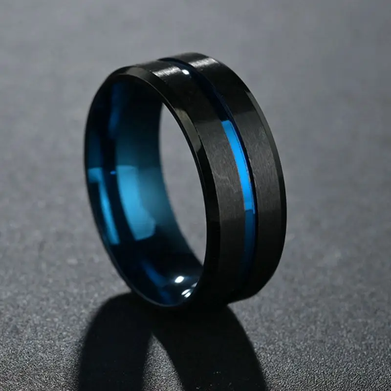 Titanium Rings For Men Surface Black Silvery Groove Inside Blue Face Stainless Steel Ring Highlight Man Temperament Light Luxury