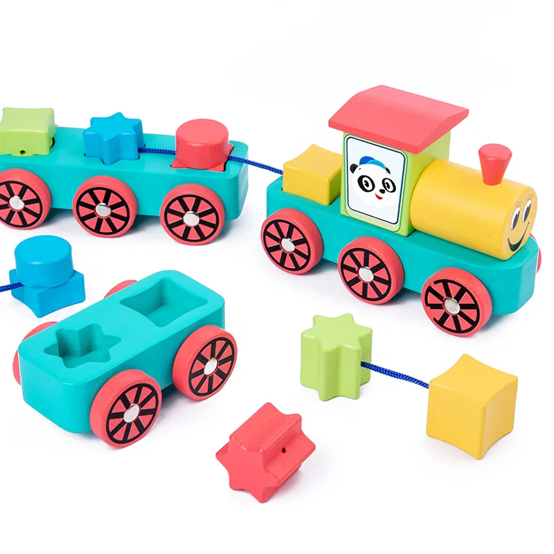 Wooden Building Blocks Train Shape Matching Toys For Children Early Educational Learning Family Game