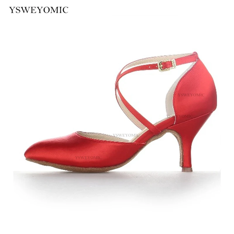 Women's Elegant Ballroom Party Modern Latin Dance Shoes Red Satin Social Waltz Tango Dancing Heels Closed Toe Ballroom Shoes