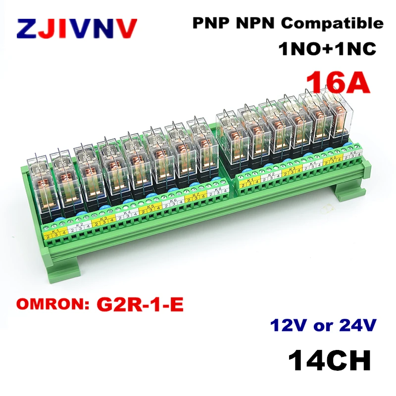 

14 channels DIN Rail Mount 16A Power Relay Interface Module 1 NO+1 NC with G2R-1-E DC12v/24V Relay PNP NPN compatible