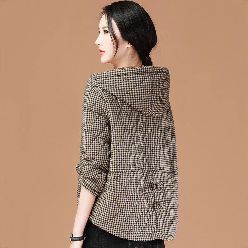 Manteau Cardigan à capuche en coton épais pour femme, veste à carreaux, court, chaud, vêtements d'extérieur, fermeture éclair, de haute qualité, collection hiver 2022