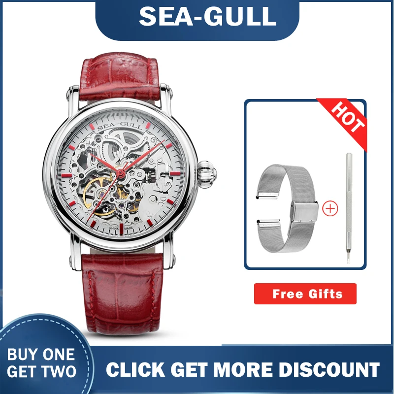 Seagull watch MAN m182sk Automatic Mechanical women's Watch Self Winding Power Reserve Flywheel red band red needle