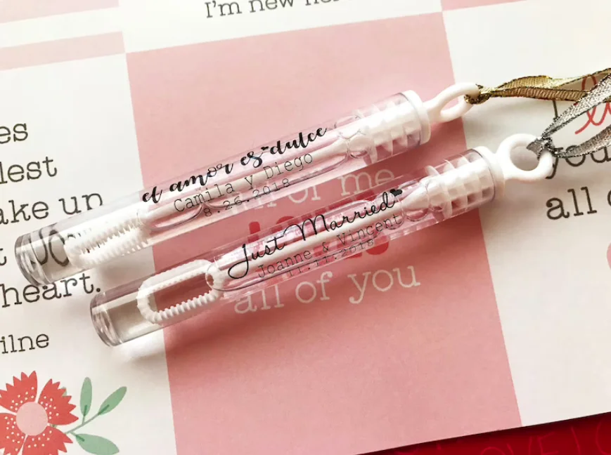 Etiquetas de tubo de burbujas personalizadas para boda, varita de burbujas transparente con nombre, texto, logotipo, Pegatinas transparentes,