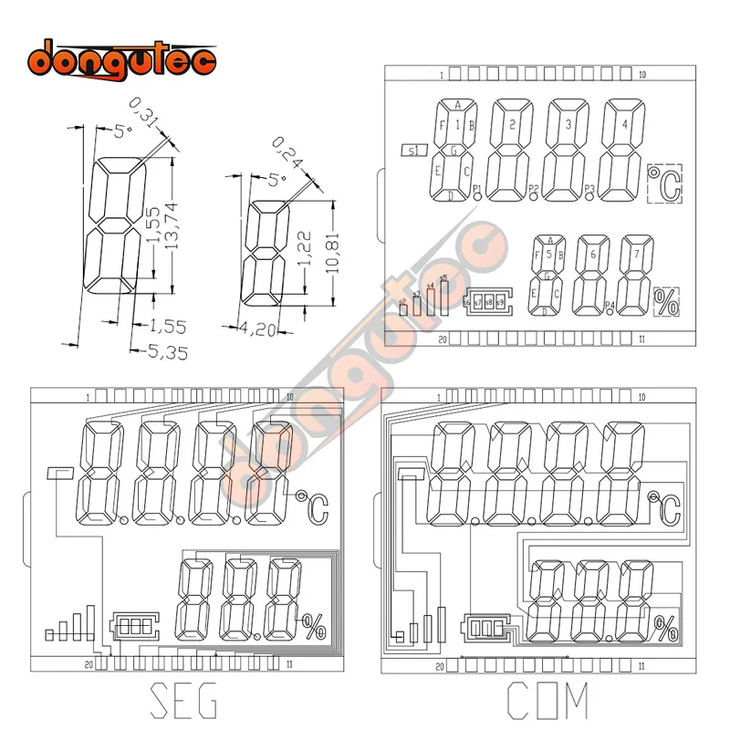 Panel LCD de 20 pines TN con segmento positivo de 7 dígitos, pantalla LCD de temperatura y humedad, retroiluminación blanca, amarilla, verde y azul