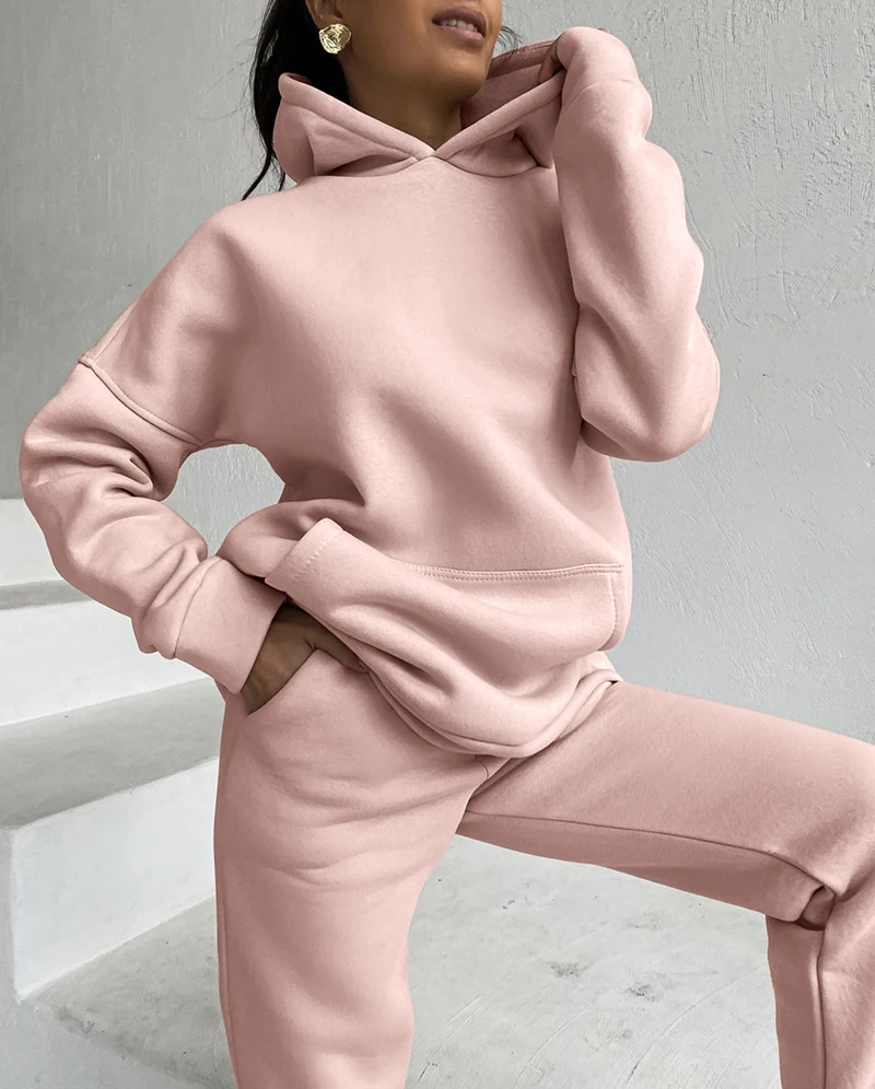 Hirsionsan Soft Cotton Fleece Women Sets Autumn Winter Thicken Warm Hoodie Sweatshirts and Pants Two Piece Sets Ladies Tracksuit