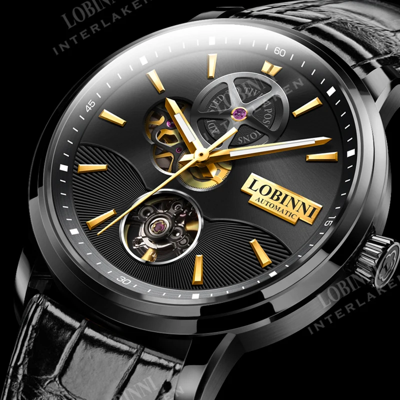 LOBINNI แบรนด์หรูใหม่แฟชั่น Mens นาฬิกาสายหนังกันน้ํา Casual นาฬิกากลไกอัตโนมัติ Relogio Masculino