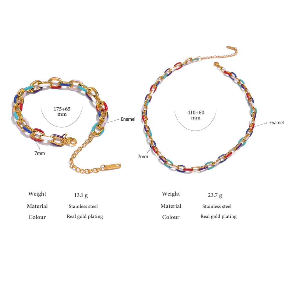 Yhpup Rainbow Enamel Chain Necklace Bracelet Set 316L Stainless Steel 18 K PVD Plated Set Waterproof Jewelry Y2K Party Gift