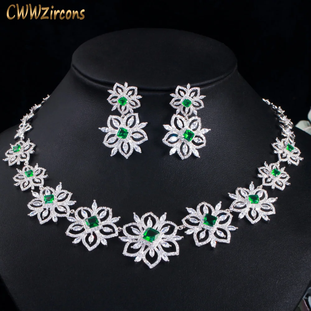 CWWZircons Beautiful Flower Green Cubic Zirconia Bridal Wedding Jewelry Set for Brides Evening Dancing Party Accessories T513