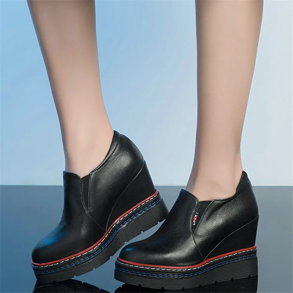 Platform Pumps Shoes Women Black White Cow Leather Wedges High Heel Ankle Boots Female Round Toe Fashion Sneakers Casual Shoes