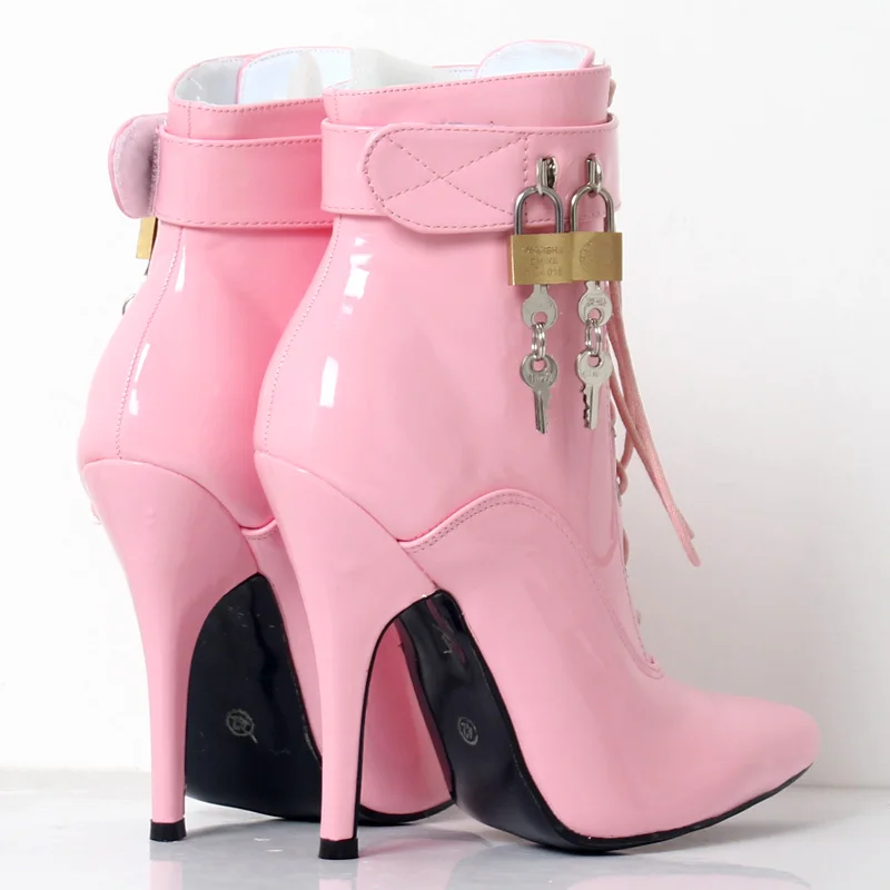 JIALUOWEI New Women 12cm High heel sexy Fetish Cross-tied Pointed Toe Stiletto Buckle ankle Strap Boots with padlocks DWT TV CD