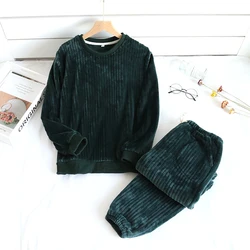 Pijamas suaves y cómodas para hombre y mujer, ropa de dormir informal con suéter de cuello redondo y pantalones, de franela cálida, para el hogar y el invierno