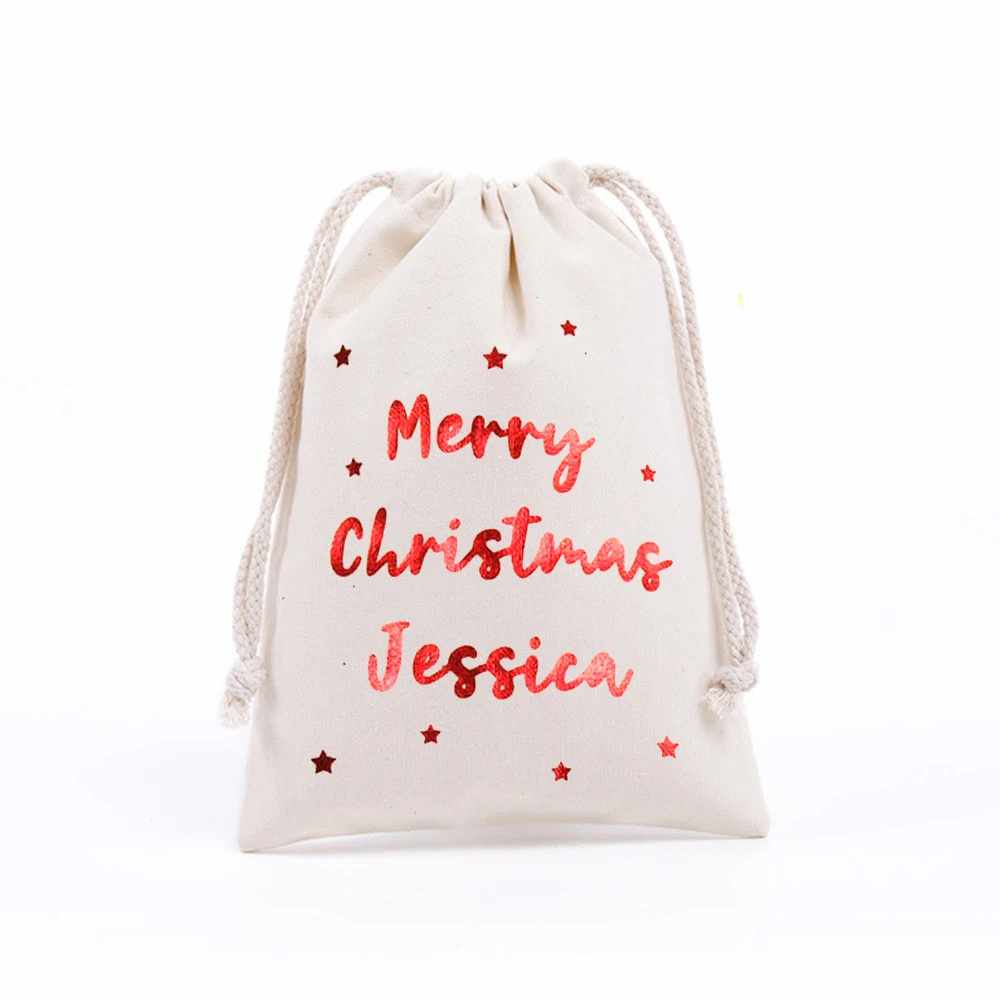 Custom Baby Name Christmas Eve Santa Sacks Personalized Merry Christmas New Year Drawstring Cotton Gifts Bags Xmas Stocking Bags