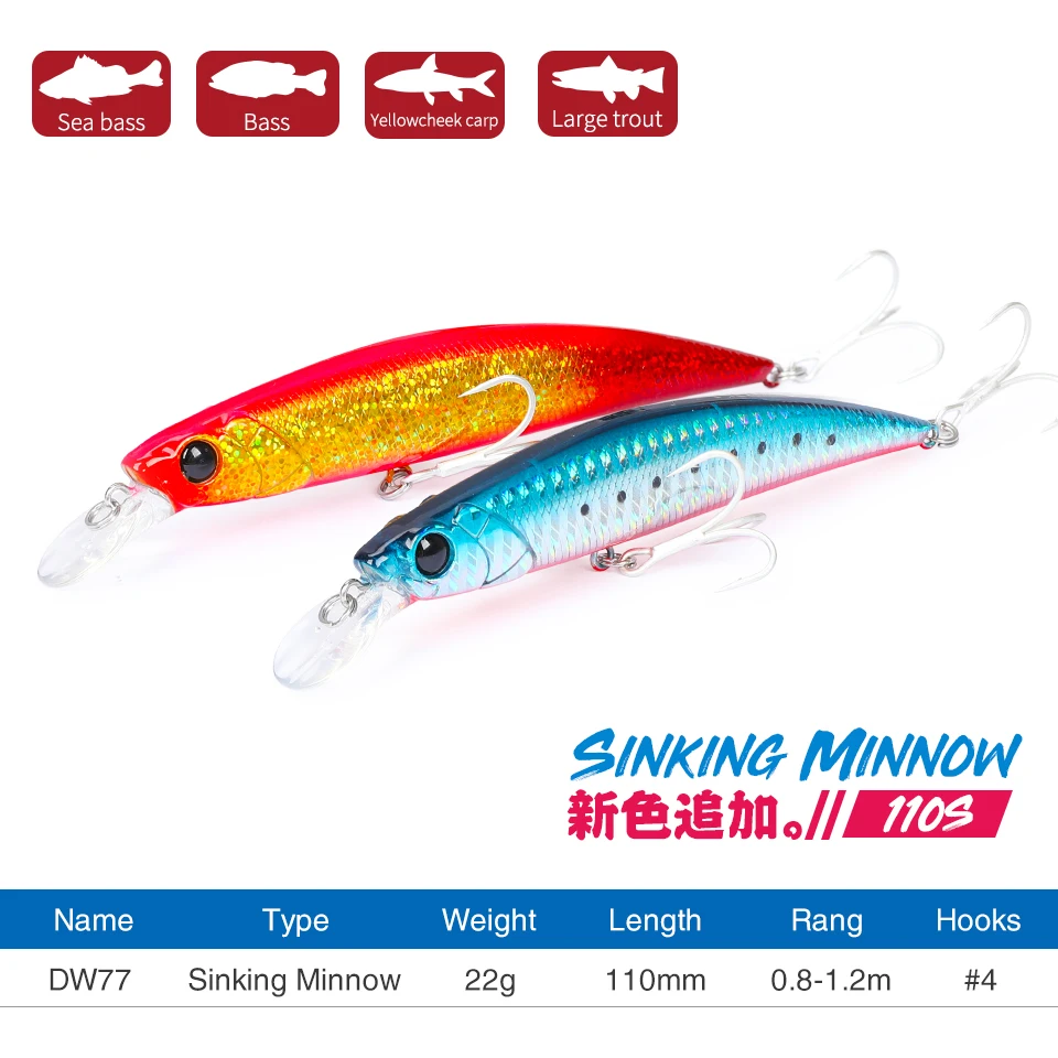 TSURINOYA Sinking Minnow Hard Fishing Lure DW77 110mm 22g Range 0.8-1.2m Large Trout Pike Seabass Jerkbait River Fishing Baits