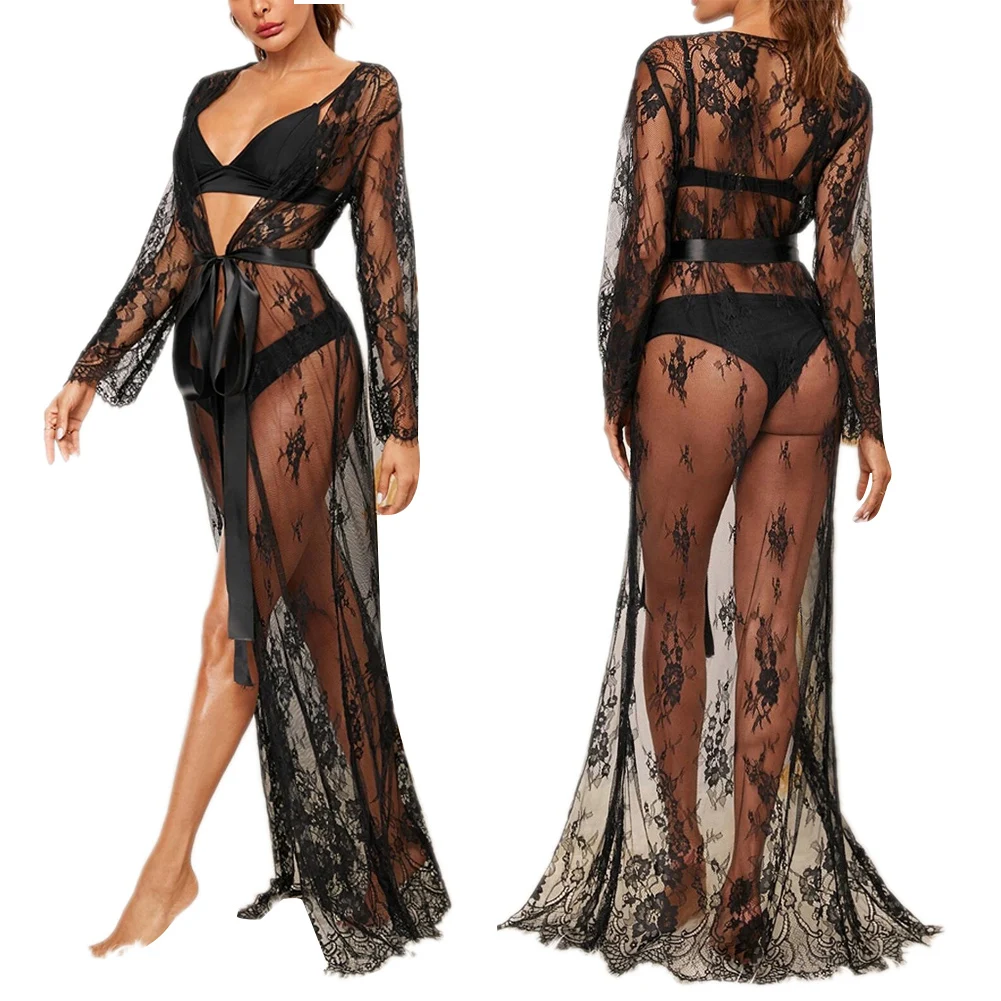 New Women Long Sleeve Lace Robe Dress Fashion Solid Sexy Perspective Pajamas Robe Sleepwear Underwear Lingerie Satin Silk Belt