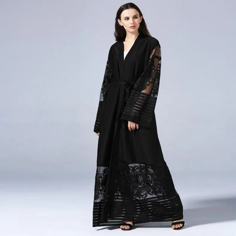 

2021 Muslim Dress Abaya in Dubai long dress Islamic robe lace mesh Women Muslim Cardigan Jilbab Djellaba Robe a642