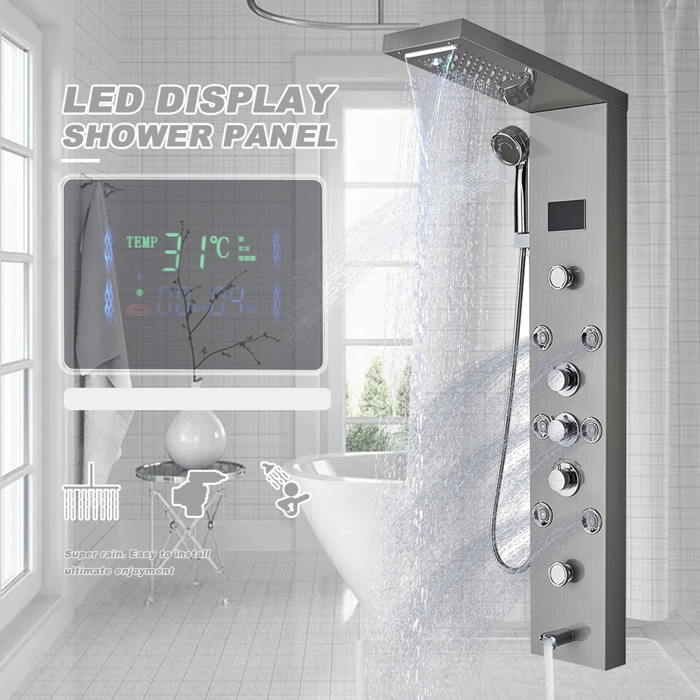 

LED Shower Panel Bath Shower Faucet Temperature Digital Display Tub Faucet Body Massage System Jets Tower Shower Column Faucet