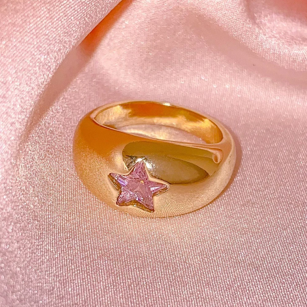 New Wholesale High Polished 18K Gold Color Color Sparking Pinky Pink Cz Star Signet Chunky Dome Ring For Women