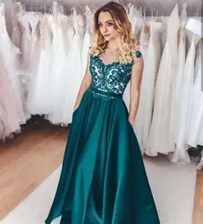 Sexy Emerald Green Evening Dress 2023 With Pocket Sweetheart A-Line Formal gowns Satin Simple Elegant Lace Appliques Graceful