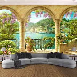 Papier peint photo personnalisé, arc de pilier 3D, peintures murales de bâtiment de vue de lac, salon, étude, décoration d'intérieur créative, peinture murale, fresques 3D