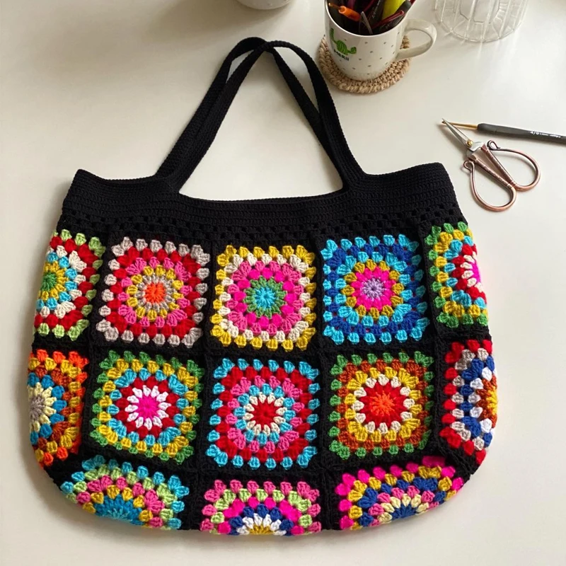 Flowers Black Women Shoulder Bag Handmade Crochet Weaving Colorful Purse Unique Retro Style Boho Ethnic Handbag For Summer Beach