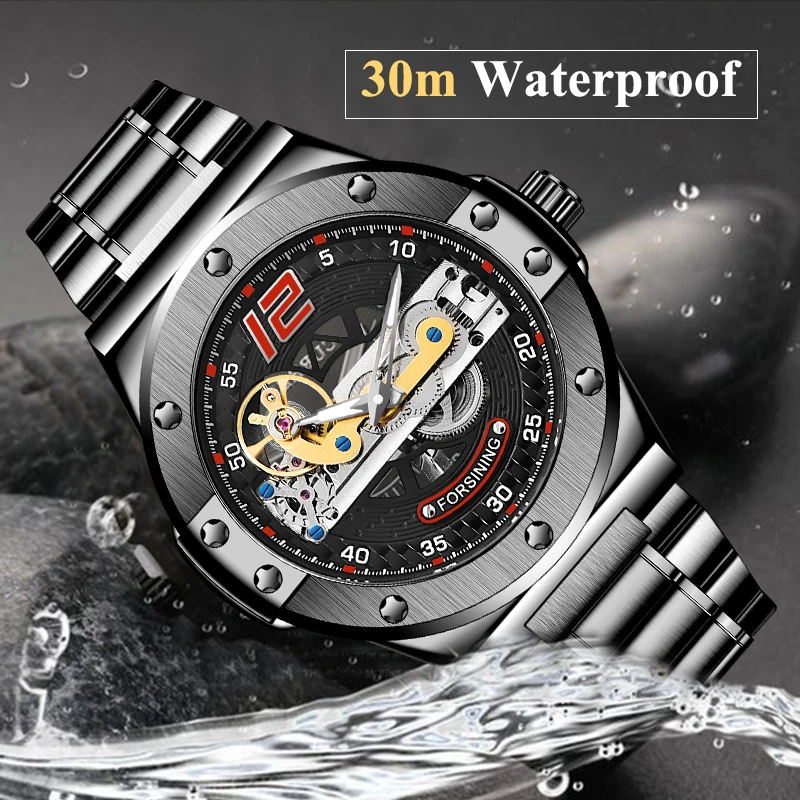 Forsining Transparent Automatic Men Watch Golden Bridge Mechanical Black Stainless Steel Band Skeleton Watches Relogio Masculin