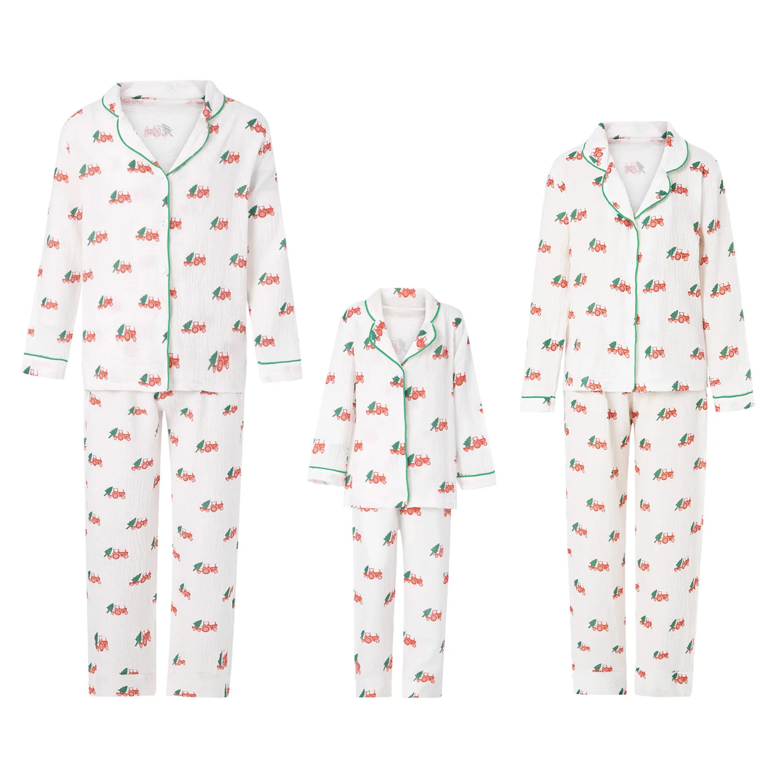 FOCUSNORM Christmas Matching Family Pajamas Sets Dad Mom Kid Cartoon Tree Car Pattern Lapel Long Sleeve Shirt Trouser Sleepwear