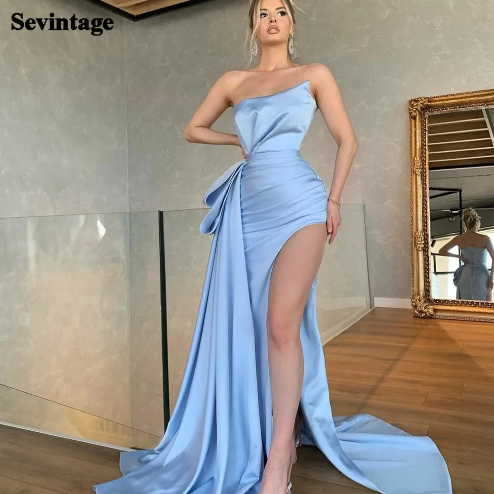 

Sevintage Sky Blue Mermaid Long Prom Dresses 2021 High Slit Evening Gowns Custom Made Pleats Women Formal Special Party Dress