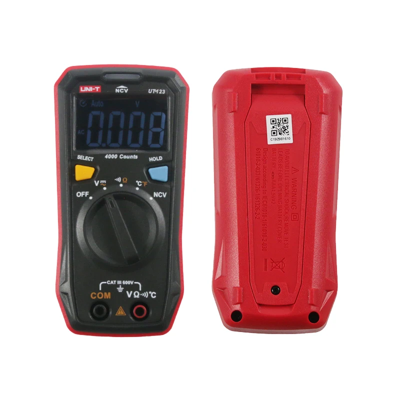 UNI-T UNIT UT123 Mini Digital Multimeter Auto Range Data hold AC DC Volt Meter Ohm Temperatue NCV/Continuity Tester EBTN Display