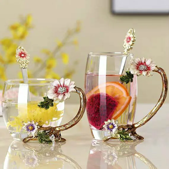 Enamel Tea mug High temperature resistance crystal Flower Tea set breakfast mug Drinkware afternoon Tea cup beautiful gift