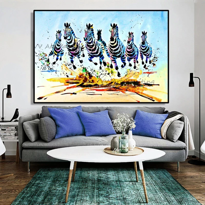 Horizontal Palette Knife Colorful Running Zebras Oil Painting 100% Handmade Canvas Splash Texture Sofa Wall Decor