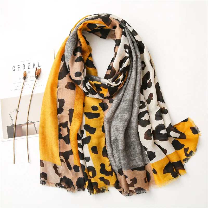 Women Autumn Winter Viscose Shawl Yellow Leopard Patchwork Pashmina Stole Wrap Thick Echarpe Foulard Femme Muslim Hijab 180*90Cm